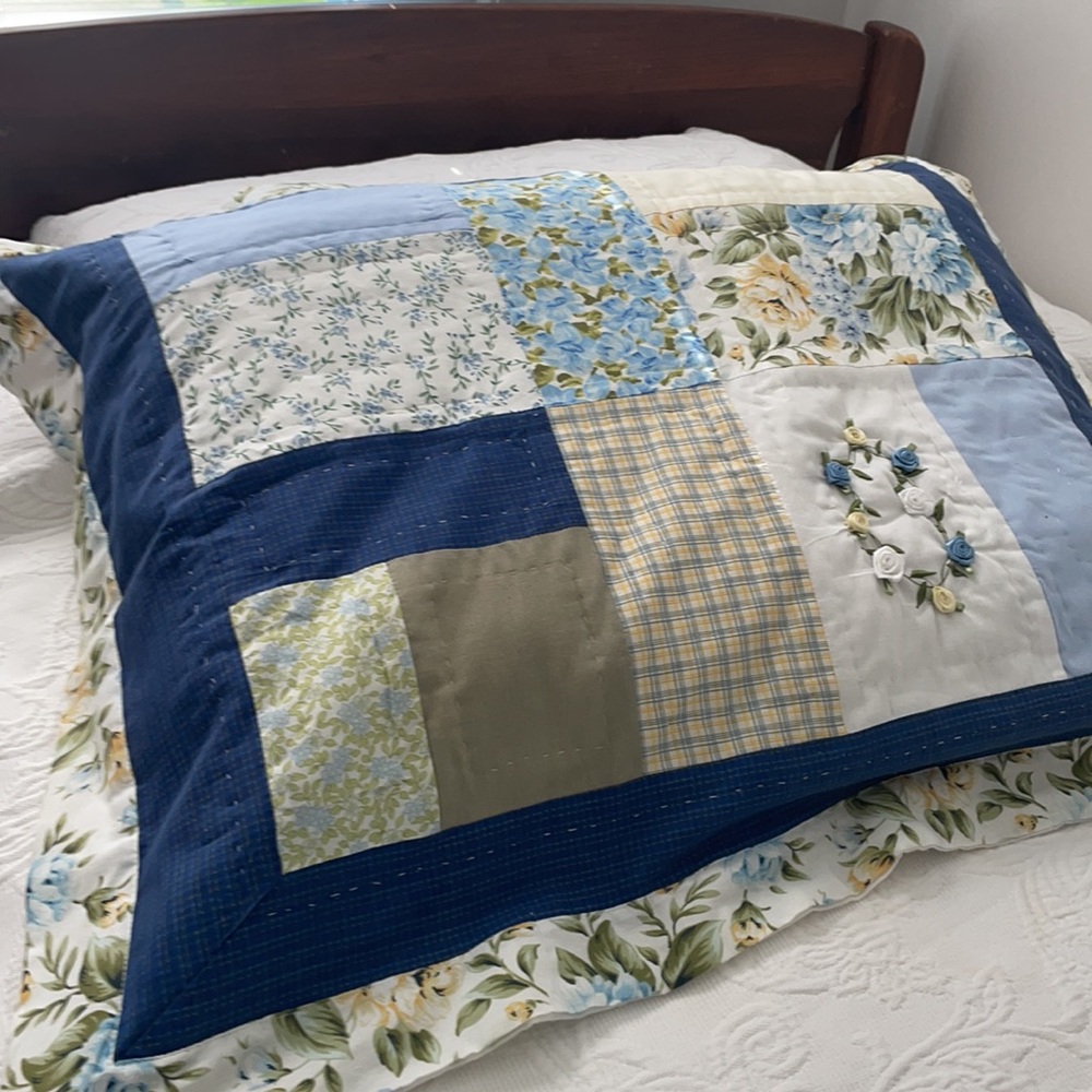 Pillow sham blue floral patchwork embroidery zipper cottage core